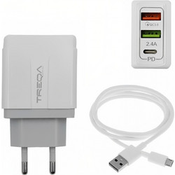Treqa CH-640-M Φορτιστής με Καλώδιο Micro USB με 2 Θύρες USB-A & Θύρα USB-C 38W White