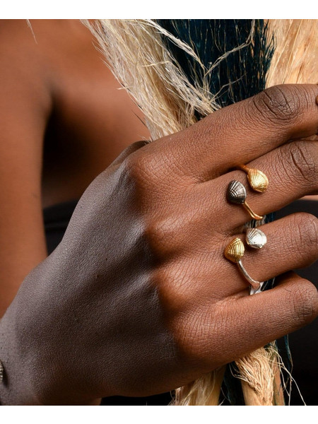 Real Sea Shell Ring, Handmade Minimalist Jewelry, Organic Two-Tone Band, Dainty Gift for Vitality & Luck, Gold and Sterling Silver 925