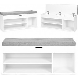 Shoe Cabinet with Grey Cushion and Lift-Up Seat - 3 Shelves White ModernHome