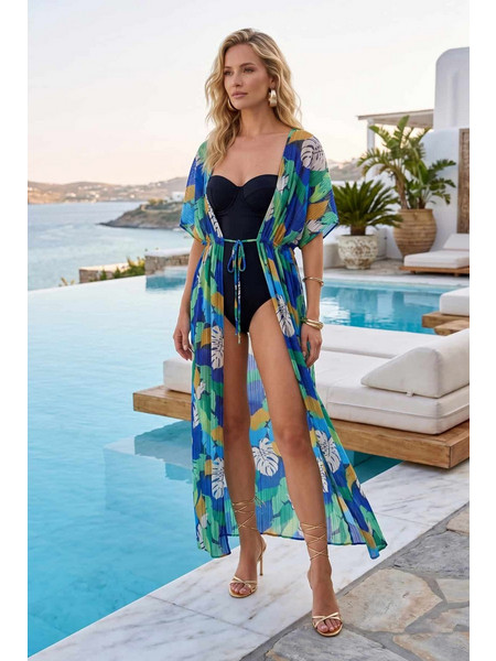 Maxi Κιμονό με Tropical Print & Σατινέ Υφή - Island Escape Collection