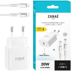Zanae φορτιστής ρεύματος 20 watt με καλώδιο 1.2m USB-C σε USB-C με τεχνολογία Power Delivery