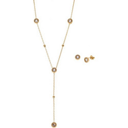 Σετ Γυναικείο Senza Gold Plated Stainless Steel, Κολιέ και σκουλαρίκια στρογγυλή πέτρα