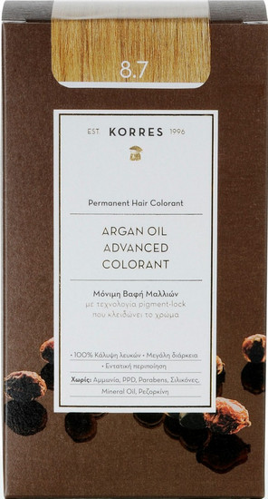 Βαφή Μαλλιών Korres Argan Oil Advanced Colorant 8.7 Καραμέλα Μόνιμη Βαφή Μαλλιών Χωρίς Αμμωνία 50ml