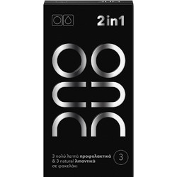 DUO 2 In 1 Ultra Thin Condoms Προφυλακτικά Λεπτά με Λιπαντικό 3τμχ + Natural Lubricants 3x2ml