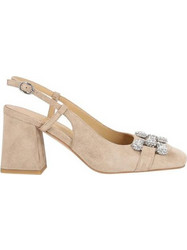 Alma en Pena Γόβες Suede Slingback με Χοντρό Ψηλό Τακούνι & Στρας Εκρού V23212