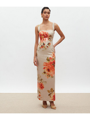 Mix & Match Kali Maxi Καλοκαιρινό Φόρεμα για Γάμο / Βάπτιση Floral & Παγιέτες Μπεζ SS2507