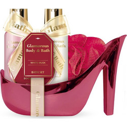 Glamorous Red Shoe White Musk Shower Gel 100ml + Body Lotion 100ml + Body Scrub 60ml + Sponge