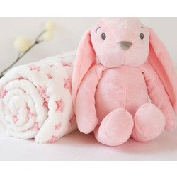 Kiokids Κουβέρτα Αγκαλιάς Fleece με Λούτρινο Λαγουδάκι 100x100 Λευκή Ροζ