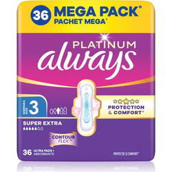Always Platinum Super Extra Μέγεθος 3 Σερβιέτες με Φτερά για Αυξημένη Ροή 5 Σταγόνες 36τμχ