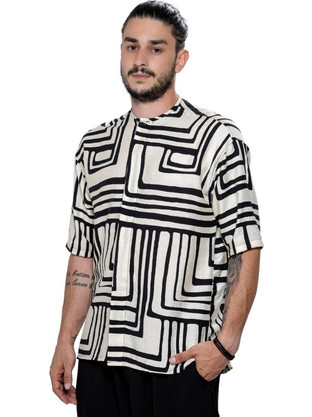 Twin Black Ανδρικό Πουκάμισο Βαμβακερό Κοντομάνικο Κανονική Γραμμή Μπεζ Μαύρο 02-400