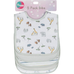 Dreams Newborn Animals Σετ Αδιάβροχες Σαλιάρες Υφασμάτινες με Κορδόνι Λευκή Γκρι 5τμχ