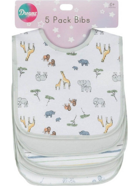 Dreams Newborn Animals Σετ Αδιάβροχες Σαλιάρες Υφασμάτινες με Κορδόνι Λευκή Γκρι 5τμχ