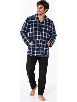 Comfort Χειμωνιάτικη Ανδρική Ρόμπα Fleece Καρό Navy Μπλε 2627K1311