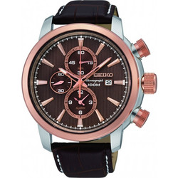 Seiko Ανδρικό Ρολόι Χρονογράφος Αυτόματο με Καφέ Δερμάτινο Λουράκι SNAF52P1