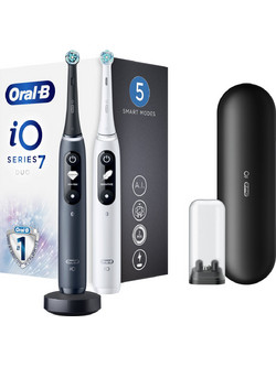 Oral-B iO Series 7 Duo Black Onyx + White Alabaster Ηλεκτρικές Οδοντόβουρτσες με Χρονομετρητή Αισθητήρα Πίεσης & Θήκες Ταξιδίου 2τμχ