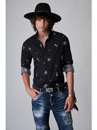 Stefan Ανδρικό Πουκάμισο Βαμβακερό Μακρυμάνικο Slim Fit Μαύρο 9008-FW22