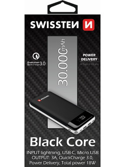 Swissten Core Power Bank 30000mAh 18W με 2 Θύρες USB-A Quick Charge 3.0 Black