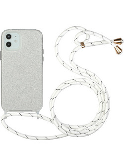 Θήκη iPhone XS Max Glitter Shine Cover Hard Case με Λουράκι Κορδόνι Λαιμού -Ασημί