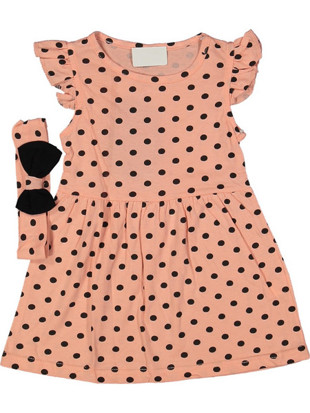 Φόρεμα σομόν με μαύρο πουά και ασορτί κορδέλα (2-6 ετών)