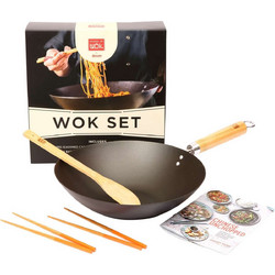 Wok από ανθρακούχο χάλυβα Pre-Seasoned 30 εκατ. σετ εργαλείων και βιβλίο συνταγών School of Wok