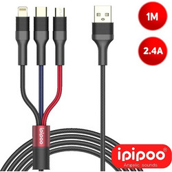 Καλώδιο Σύνδεσης Ipipoo KP-40 USB DATA 3 σε 1 Micro / Type C / Lighting 1 Μέτρο - Μαύρο