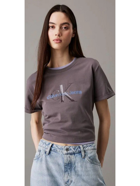 CALVIN KLEIN JEANS LIQUID CROPPED T-SHIRT ΓΥΝΑΙΚΕΙΟ - ΓΚΡΙ - LV047AB814