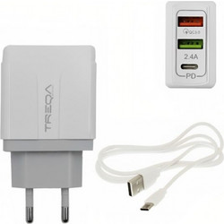 Treqa CH-640-TC Φορτιστής με Καλώδιο USB-C με 2 Θύρες USB-A & Θύρα USB-C 38W Power Delivery & Quick Charge 3.0 White
