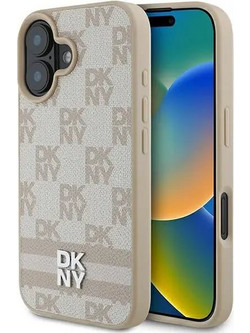 DKNY Checkered Pattern & Printed Stripes iPhone 16 Case - Pink - (DK000256-0)