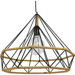 GloboStar(R) CONCRETE 01422 Vintage Κρεμαστό Φωτιστικό Οροφής Μονόφωτο 1 x E27 Μαύρο Μεταλλικό με Μπεζ Σχοινί Φ50 x Υ44cm