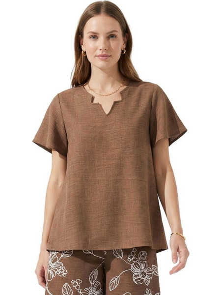 ANNA RAXEVSKY Γυναικεία καφέ κοντομάνικη μπλούζα, Linen look B26157 BROWN