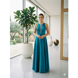 Μάξι Βραδινό Φόρεμα Teal Halter με Λαμπερές Λεπτομέρειες - Οινοπνευματι