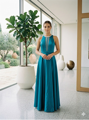 Μάξι Βραδινό Φόρεμα Teal Halter με Λαμπερές Λεπτομέρειες - Οινοπνευματι