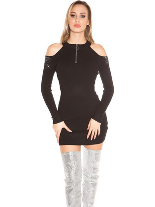 Πλεκτό φόρεμα Cold Shoulder with studs-Black
