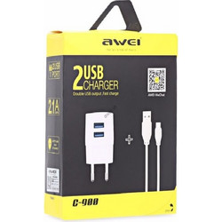 Awei C900 Φορτιστής με Καλώδιο Micro USB με 2 Θύρες USB-A White
