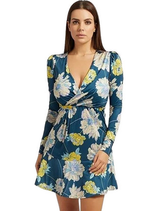 Guess Fausta Mini Φόρεμα για Γάμο / Βάπτιση Floral Κρουαζέ Πετρόλ W3RK61K4JZ0