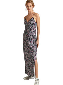 Pepe Jeans Poppy Midi Καλοκαιρινό Βραδινό Φόρεμα Floral Μαύρο PL953536-985