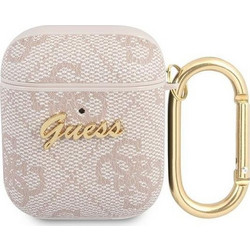 Guess Script Metal Collection Θήκη από Δερματίνη με Γάντζο για Apple AirPods 1 / 2 Ροζ
