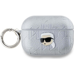Karl Lagerfeld Embossed Karl Head Θήκη από Δερματίνη με Γάντζο για Apple AirPods Pro 2 Ασημί