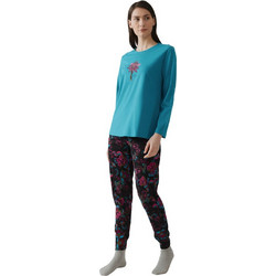 Minerva Dark Bloom Σετ Γυναικείες Πιτζάμες Χειμωνιάτικες Βαμβακερές Μπλε 90-52655-233