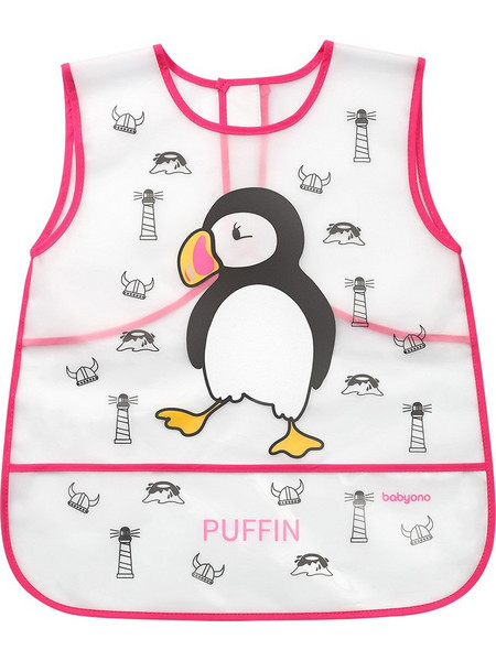 BabyOno Penguin Αδιάβροχη Σαλιάρα Ποδιά Πλαστική με Αυτοκόλλητο Τσέπη & Μανίκια Φούξια