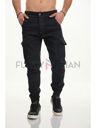 Back2Jeans Ανδρικό Τζιν Παντελόνι Ελαστικό Cargo Εφαρμογή Navy Μπλε T18