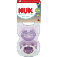 Nuk First Choice Classic Day & Night Ορθοδοντικές Πιπίλες Σιλικόνης Νυκτός 18-36m Λουλουδάκια Μωβ 2τμχ