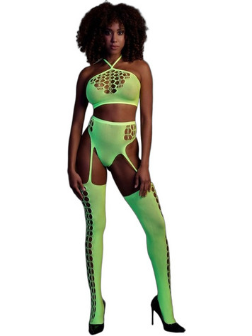 Ouch! Glow In The Dark Σετ Sexy Εσώρουχα See Through με Ζαρτιέρες Lime OU836GLOOS