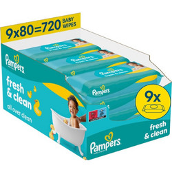 Pampers Fresh & Clean Μωρομάντηλα Χωρίς Οινόπνευμα & Parabens 9x80τμχ