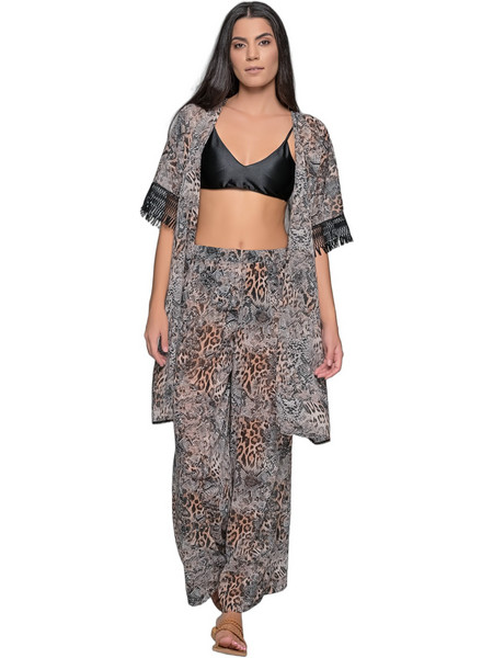 Milena By Paris Γυναικείο Κιμονό Παραλίας Μακρύ Animal Print Καφέ Μαύρο 40338