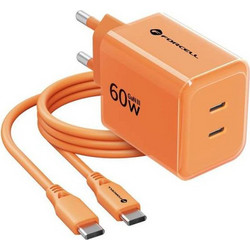 Forcell F-Energy VT-60 Φορτιστής με Καλώδιο USB-C με Θύρα USB-A & 2 Θύρες USB-C 60W Quick Charge 4.0 & Power Delivery Orange