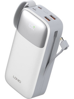 Ldnio PQ30 Power Bank 30000mAh 20W με Ενσωματωμένα Καλώδια USB-C & Lightning Quick Charge 3.0 White