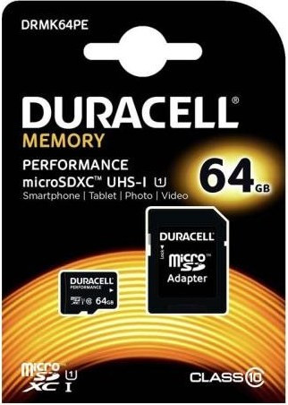 Κάρτα Μνήμης Duracell Performance microSDHC 64GB Class 10 U1 UHS-I 80MB/s + Adapter