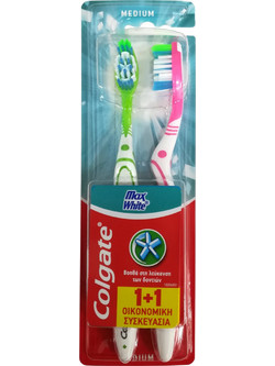Colgate Max White Medium Οδοντόβουρτσες 2τμχ Πράσινη Ροζ