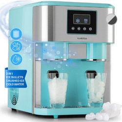 Klarstein ICE5 - Παγομηχανή 3 σε 1: Παγάκια, Θρυμματισμένος Πάγος, Ice Water 2 μεγέθοι πάγου, 15-18kg/ημερησίως LCD Οόνη, Χωρητικότητα δοχείου: 1,8 λίτρα Σύνδεση σε παροχή νερού, χρώμα Παστέλ Μπλε